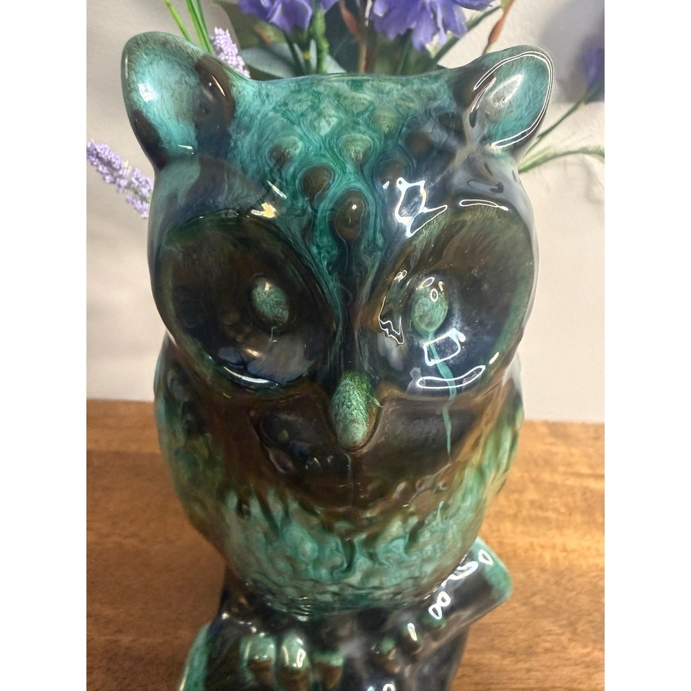 Large Vintage MCM Owl Ceramic Vase Planter Green Black Drip Glaze Pottery - Picture 5 of 10